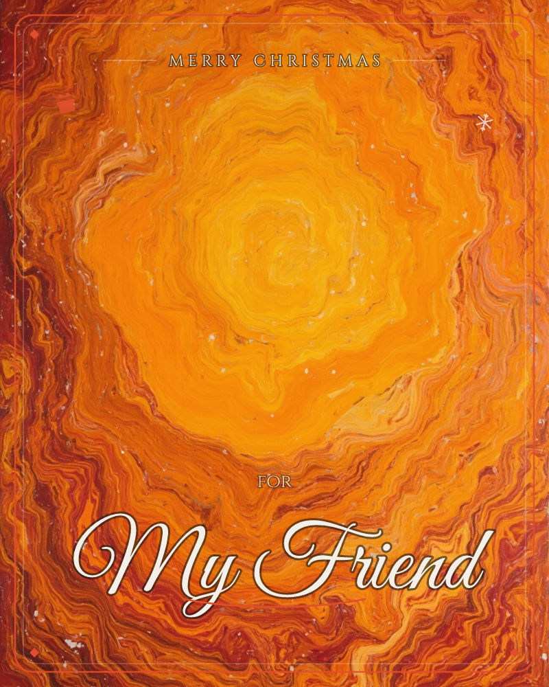 An abstract swirl of poured paint radiates outward like a sun or a slice of agate, bright yellow at the centre fading through orange into deep rust-red…, a christmas e-card design
