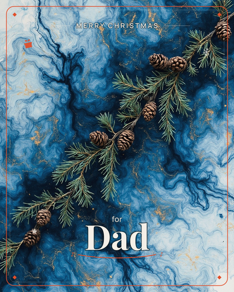 A pine branch studded with small brown cones stretches diagonally across a swirling marbled background of deep and pale blues veined with fine gold flecks, a christmas e-card design