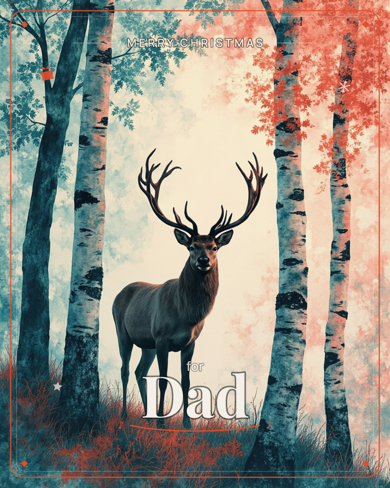 A stag with tall branching antlers stands facing forward in a birch grove, its coat dark against pale trunks streaked with black, a christmas e-card design