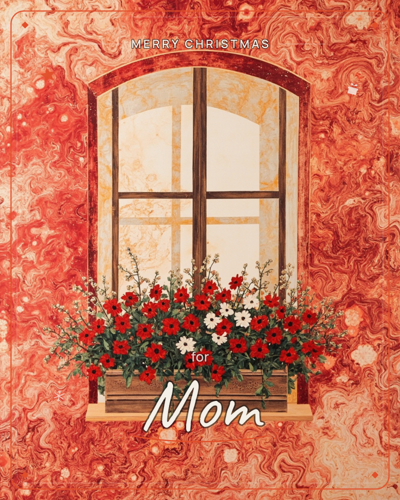 An arched wooden window is set into a wall of swirling marbled red and rust, its panes glowing amber as if lit from within, a christmas e-card design