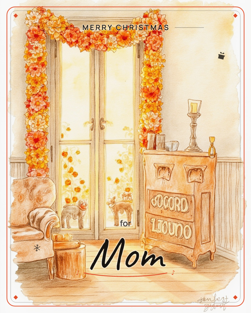 A cosy interior corner glows in warm afternoon light, with tall glass doors framed by a garland of orange and cream flowers, a christmas e-card design