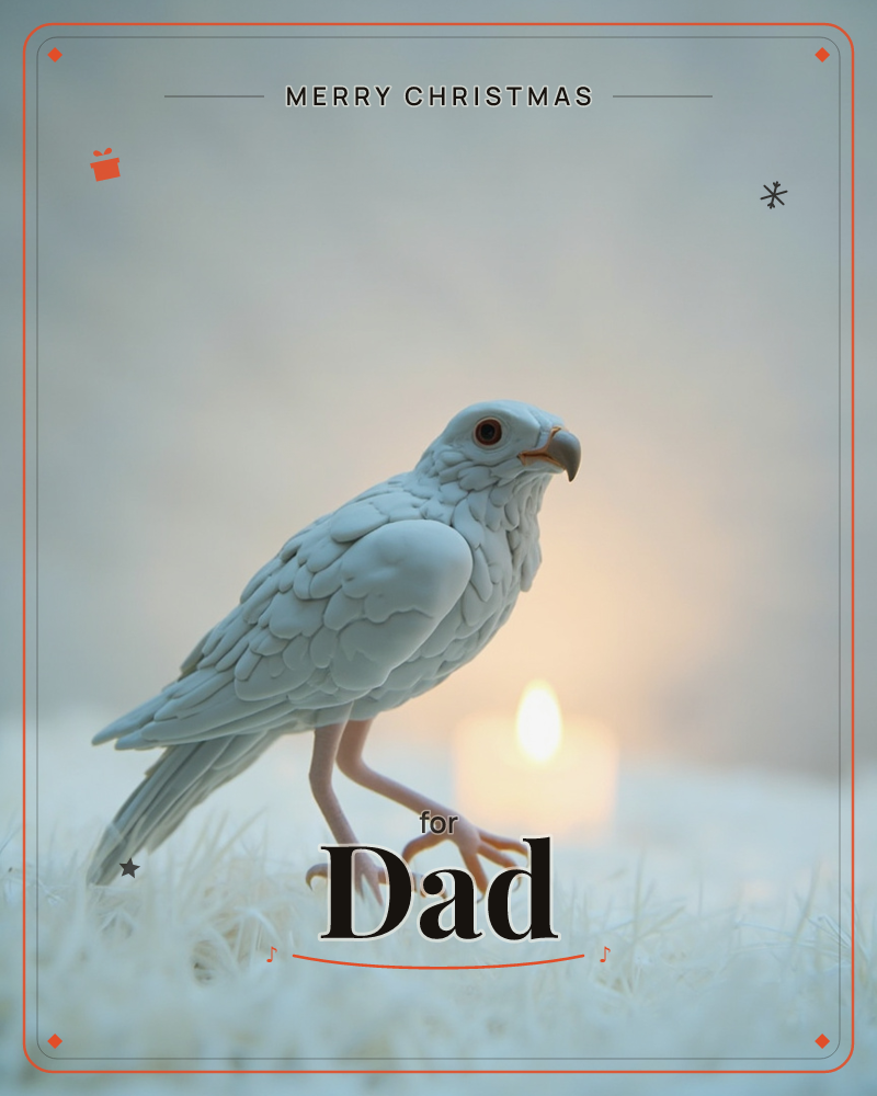 A pale white bird of prey, carved smooth like porcelain, stands poised on frosted grass with one talon lifted mid-step, a christmas e-card design