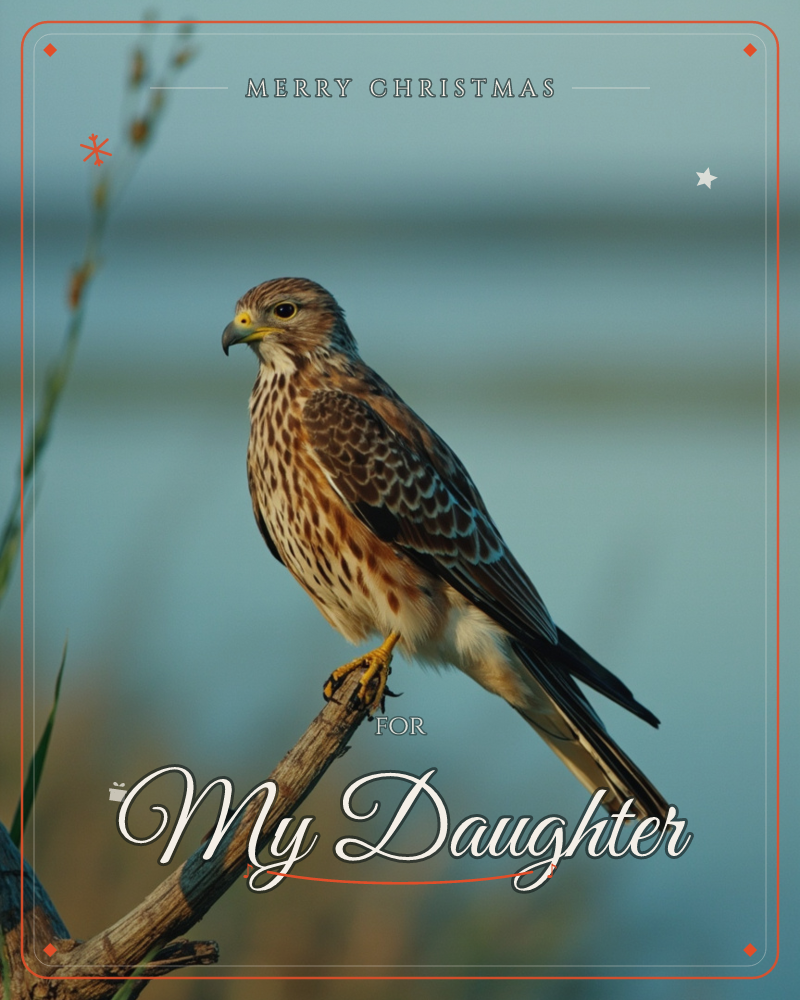 A kestrel perches on the jagged tip of a bare branch, its speckled brown and cream feathers catching soft evening light against a hazy blue wetland…, a christmas e-card design