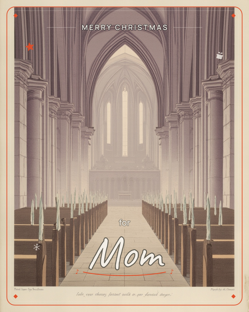 A hushed cathedral nave stretches toward a distant altar beneath a soaring pointed arch, lit by tall pale windows, a christmas e-card design