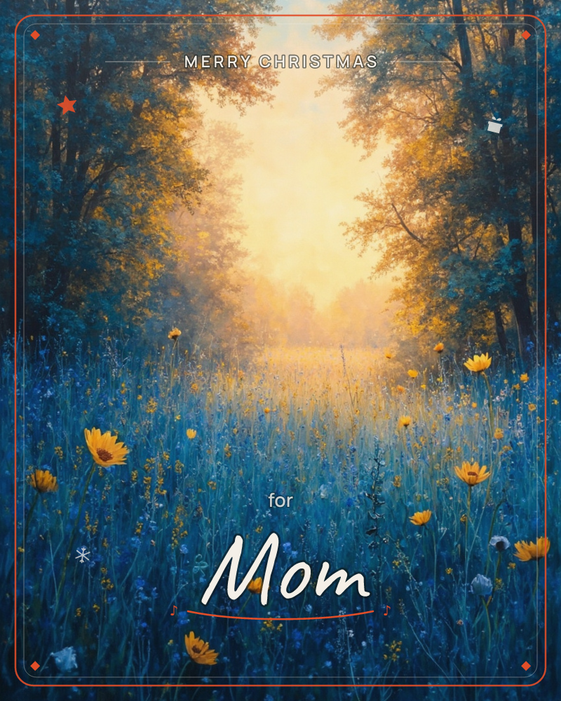 A woodland clearing glows at dawn, where a golden mist filters through distant trees and washes the meadow in amber light, a christmas e-card design