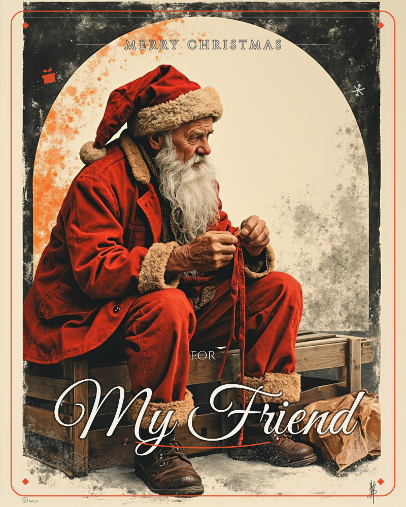 Santa sits alone on a wooden crate, hunched forward as he ties a length of red cord in his hands, his fur-trimmed coat and boots rendered in weathered…, a christmas e-card design