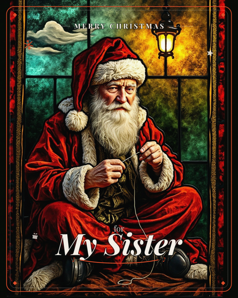 A stained-glass style illustration shows Santa seated cross-legged on the floor, threading a needle by lamplight, his red velvet coat and white beard…, a christmas e-card design
