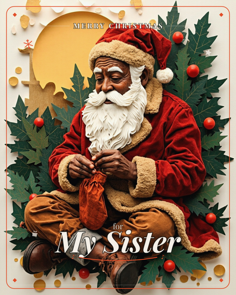 A textured, sculptural portrait of Santa Claus sits cross-legged against a golden moon-like backdrop, surrounded by layered paper holly leaves and…, a christmas e-card design