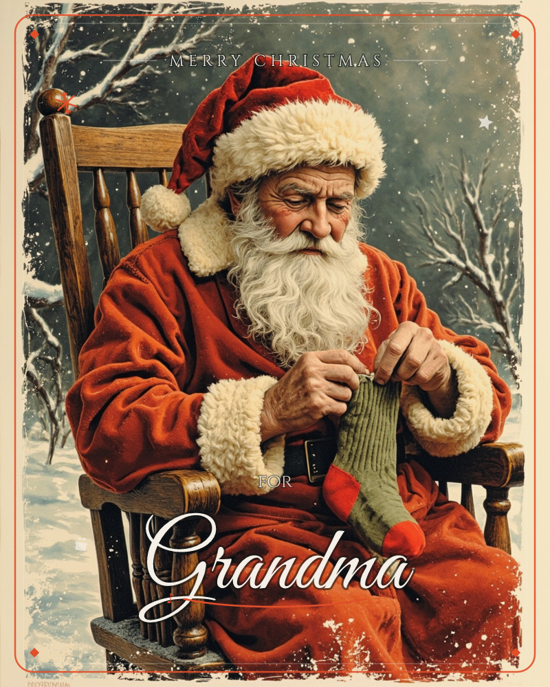 Santa sits in a wooden rocking chair, carefully mending a knitted green stocking with his weathered hands, a christmas e-card design