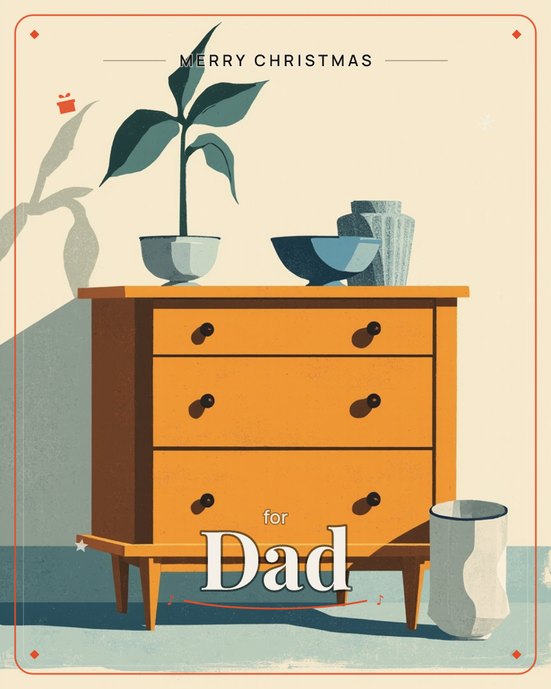 A retro orange wooden dresser stands against a pale cream wall, its three drawers catching warm afternoon light, a christmas e-card design