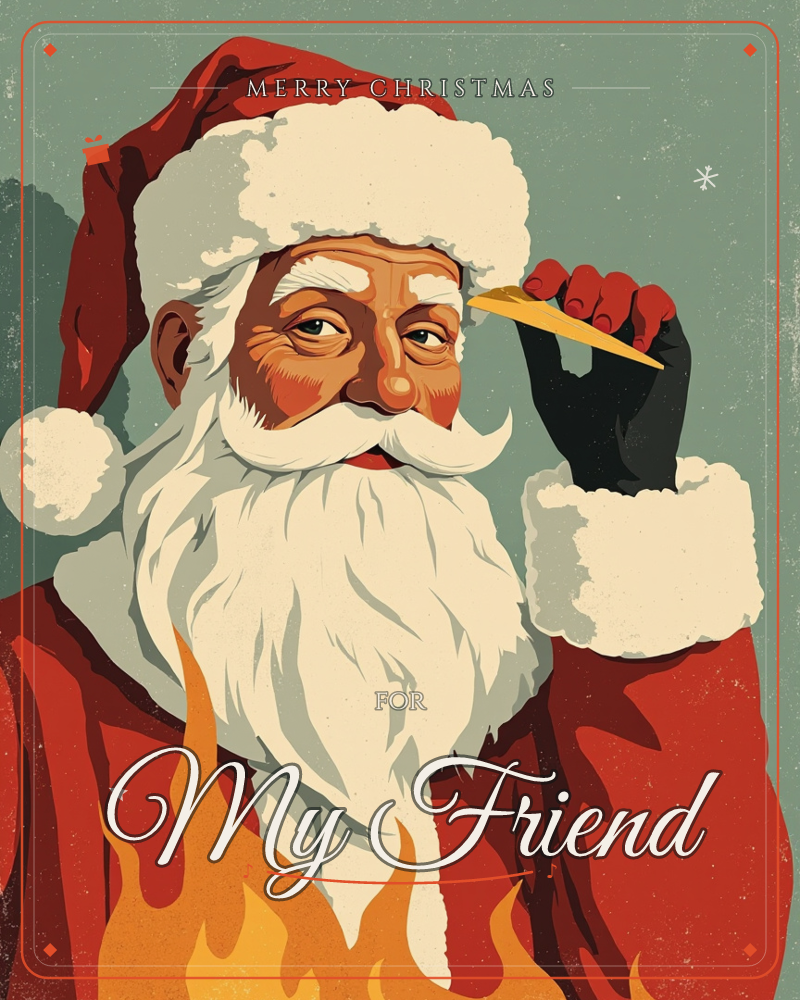 A close-up portrait of Santa Claus in his red hat and fur-trimmed coat, holding a slim golden shard up beside his face with a black-gloved hand, flames…, a christmas e-card design