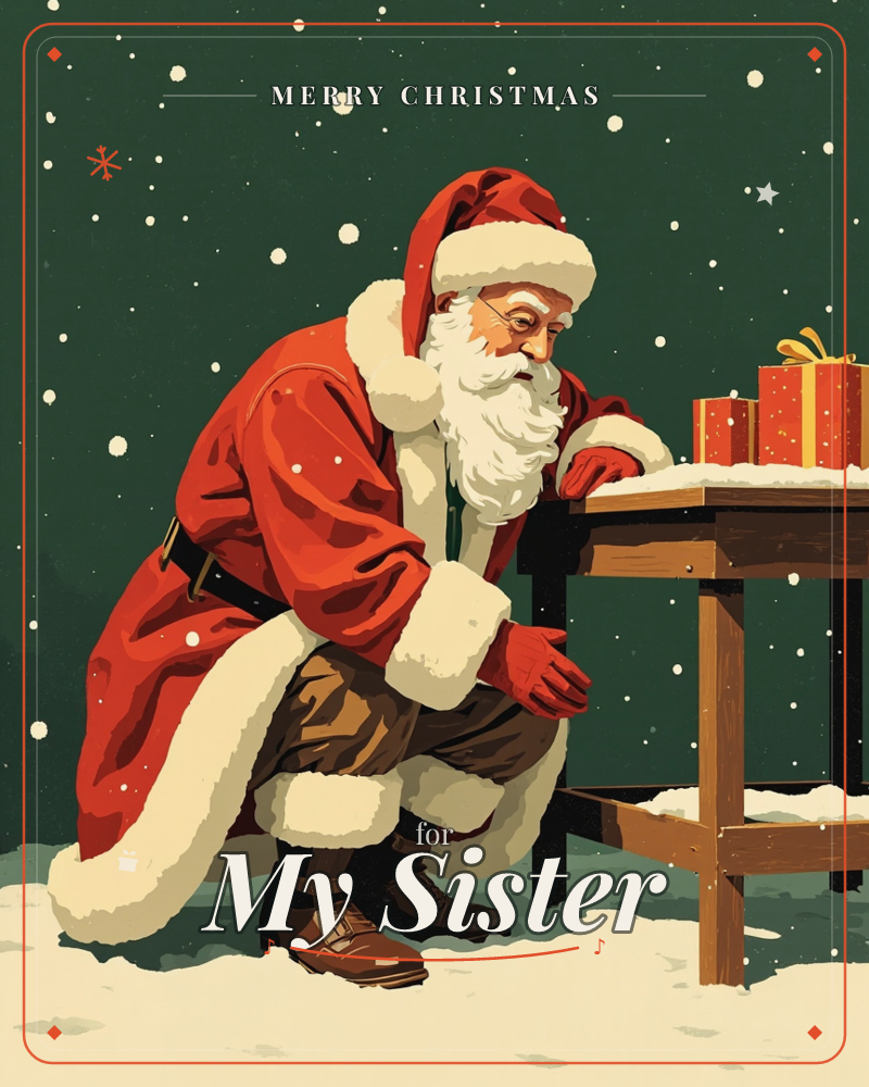 Santa Claus kneels in the snow beside a small wooden table, carefully setting down wrapped presents under a deep green, snow-flecked night sky, a christmas e-card design