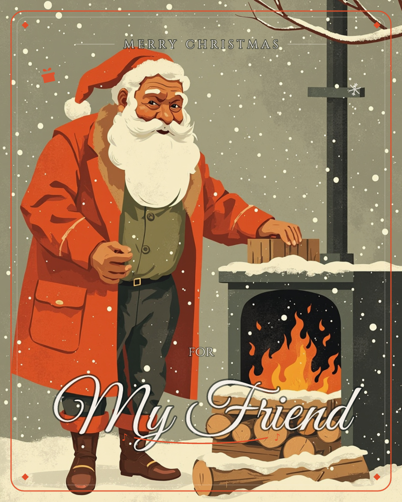 Santa stands outside in falling snow, tending a small firebox built into a dark chimney stack, stacking a fresh log onto the glowing flames, a christmas e-card design