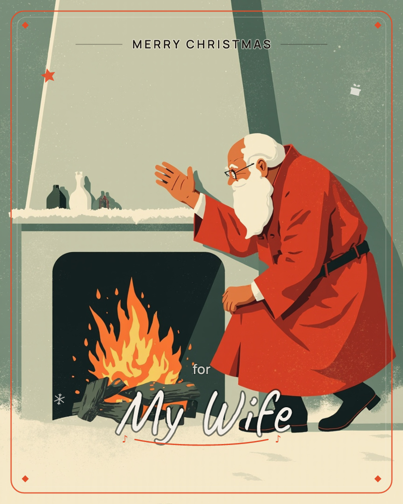 A white-bearded man in a long red coat and black boots leans toward a crackling fireplace, warming his hands over the flames, a christmas e-card design