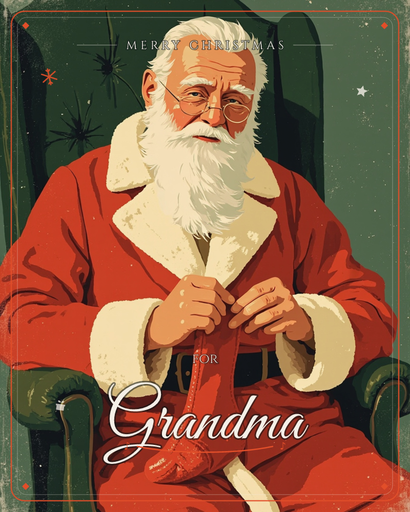 Santa sits deep in a worn green armchair, round glasses perched low, carefully mending a red stocking held between his fingers, a christmas e-card design