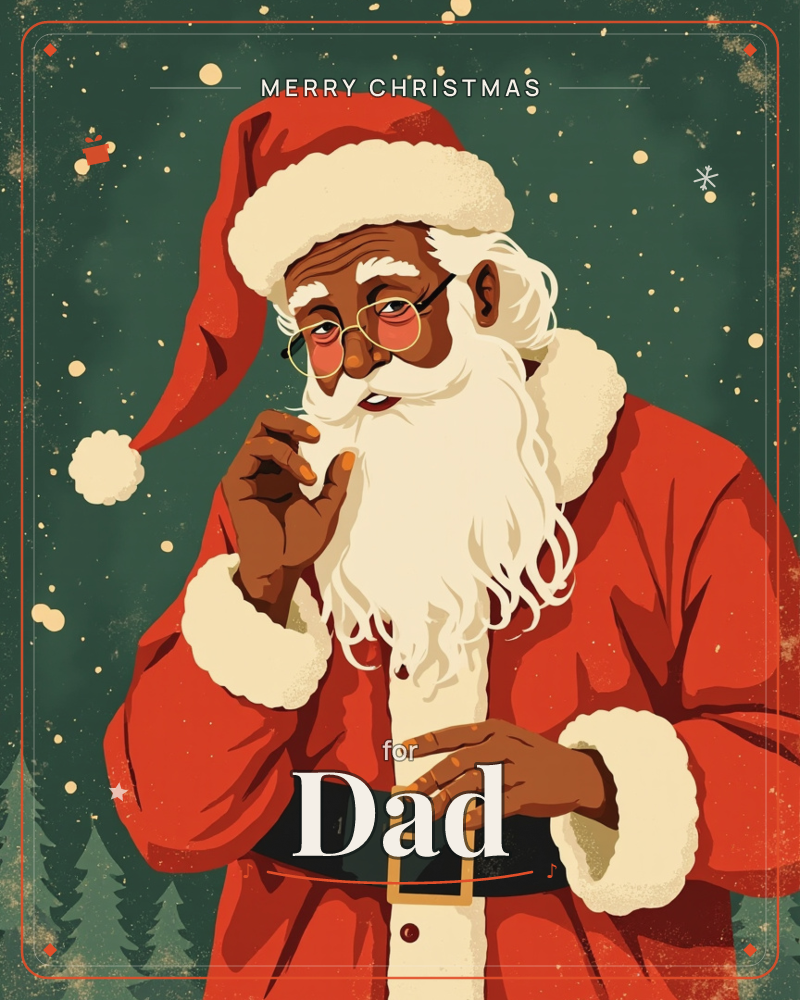 A close-up illustration of Santa Claus in his classic red suit and hat, round glasses catching the light, one hand raised thoughtfully near his long…, a christmas e-card design