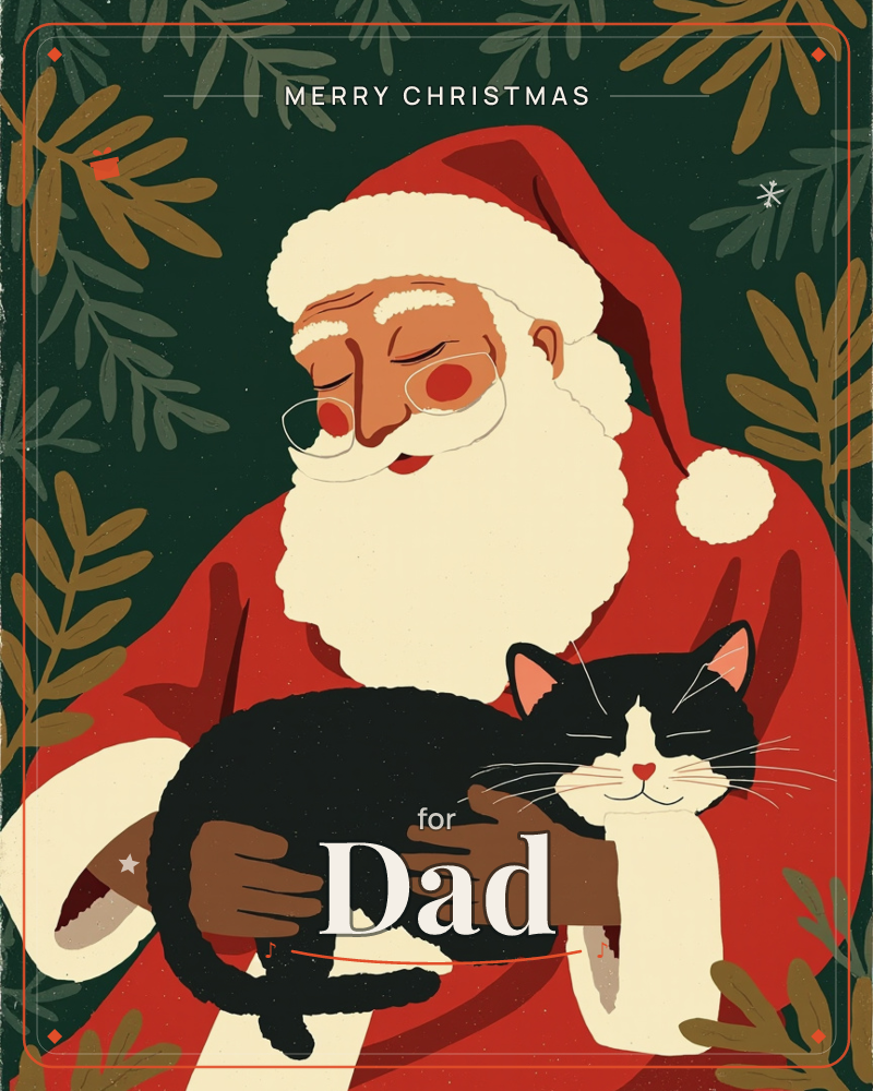 A stylised Santa with rosy cheeks and round glasses cradles a sleepy black-and-white cat in his arms, both with eyes closed in quiet contentment, a christmas e-card design