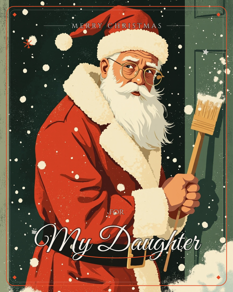 A weary Santa in his classic red coat pauses beside a green door, snow falling around him, holding a wide paintbrush as if caught mid-chore rather than…, a christmas e-card design