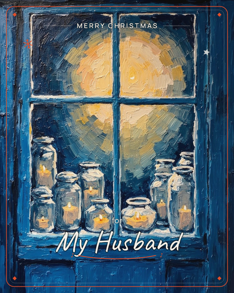 A deep blue window frame holds a row of glass jars, each cradling a small flickering candle, set against a glowing golden light that spreads like a…, a christmas e-card design