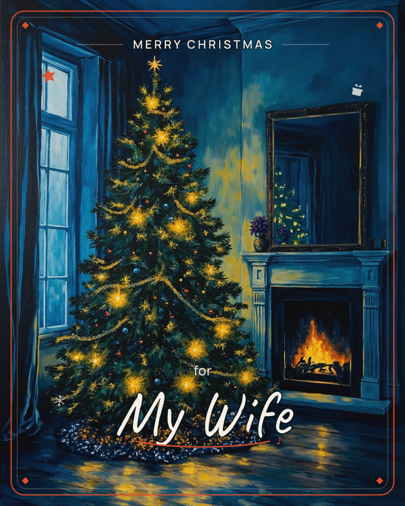 A decorated Christmas tree glows with warm golden lights beside a tall curtained window, while a fire crackles in the mantelpiece hearth across the room, a christmas e-card design