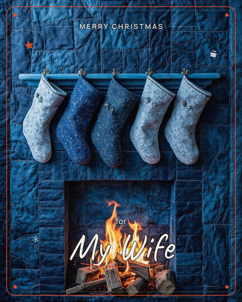 Five speckled stockings hang from a mantel over a stone fireplace, the whole scene rendered in deep midnight blue with a textured, quilted brick…, a christmas e-card design