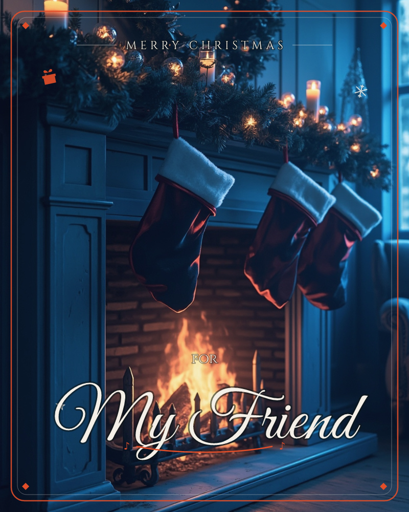 A fireplace glows with an orange fire behind a dark iron grate, three red stockings with white fur trim hanging from the mantel above, a christmas e-card design