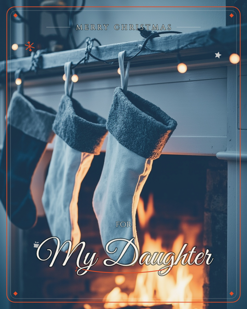 Three stockings hang from a white mantel above a lit fireplace, their soft grey cuffs catching the glow of the flames below, a christmas e-card design