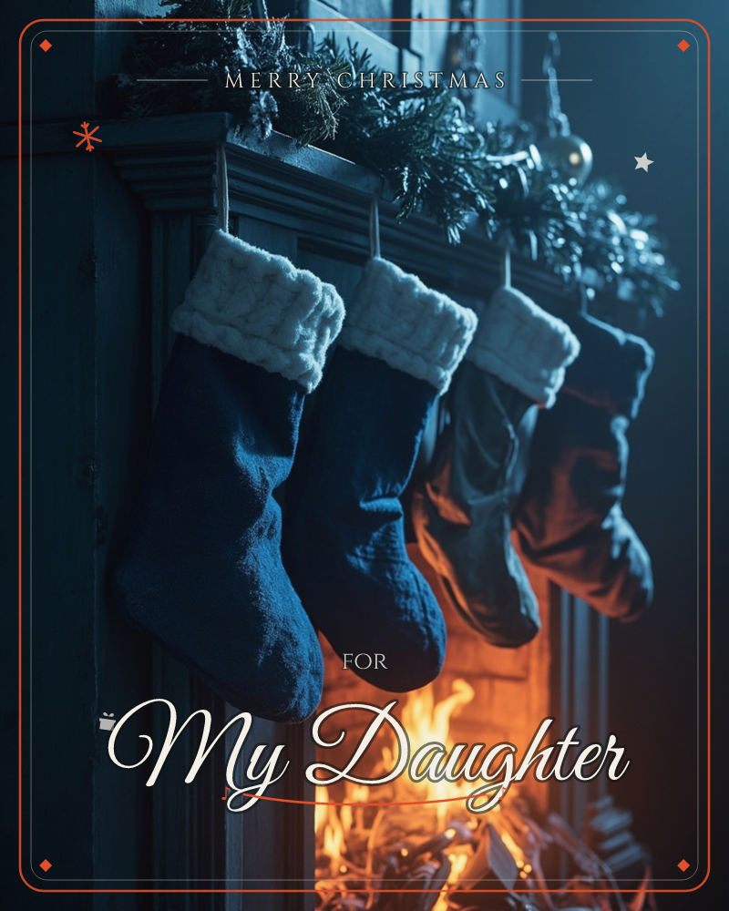 Four navy velvet stockings with cream cuffs hang from a dark wooden mantel, evergreen garland draped above them catching glints of light, a christmas e-card design