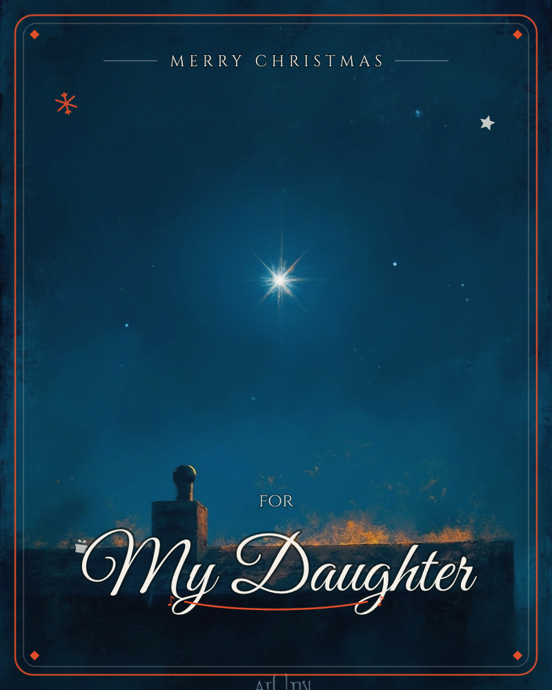 A deep midnight-blue sky glows around a single brilliant star with sharp radiating points, hanging low over the silhouette of a rooftop and chimney pot, a christmas e-card design