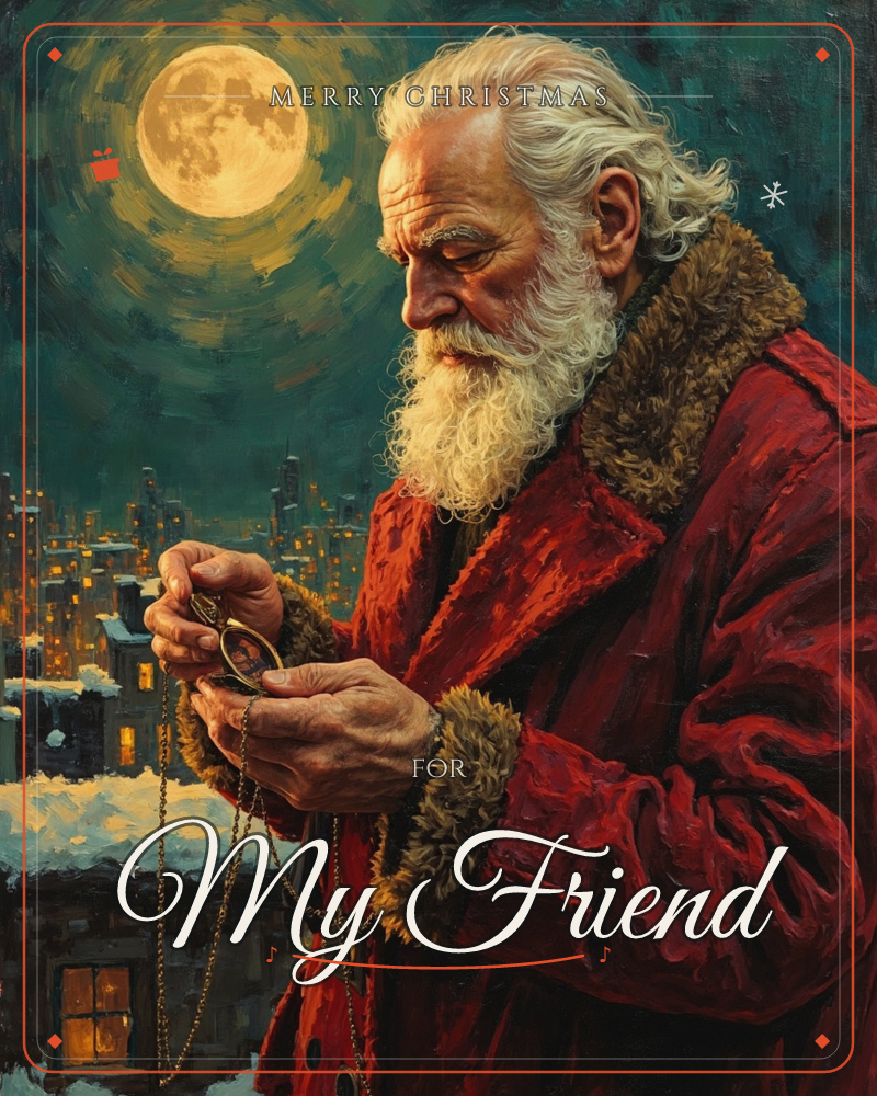 A white-bearded man in a fur-trimmed red coat stands above a snow-dusted city rooftop, checking a gold pocket watch by the light of a huge full moon, a christmas e-card design