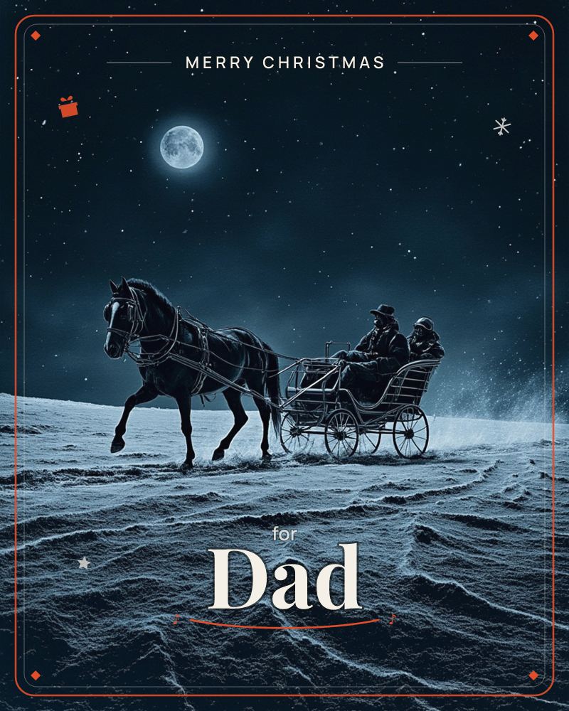 A horse-drawn carriage crosses a moonlit snowfield beneath a vast starry sky, its wheels kicking up a fine mist of snow, a christmas e-card design