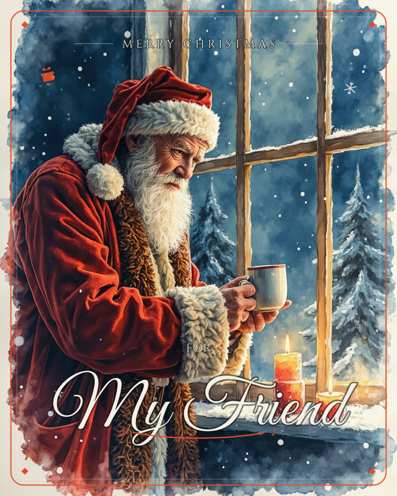 A weathered figure in a red fur-trimmed coat and hat stands beside a wooden-paned window, holding a warm mug and gazing out at snow falling through the…, a christmas e-card design