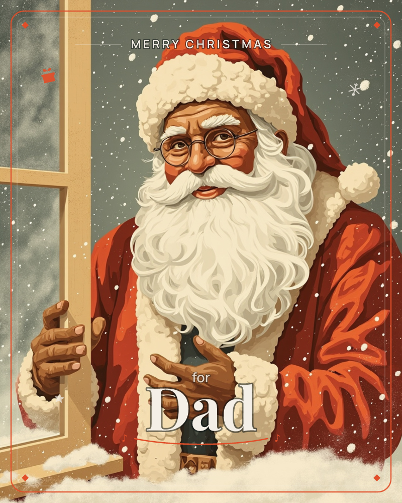 Santa Claus leans in close to an open wooden-framed window, one gloved-fur hand resting on the sill, snow falling steadily against a dusky grey-green sky, a christmas e-card design