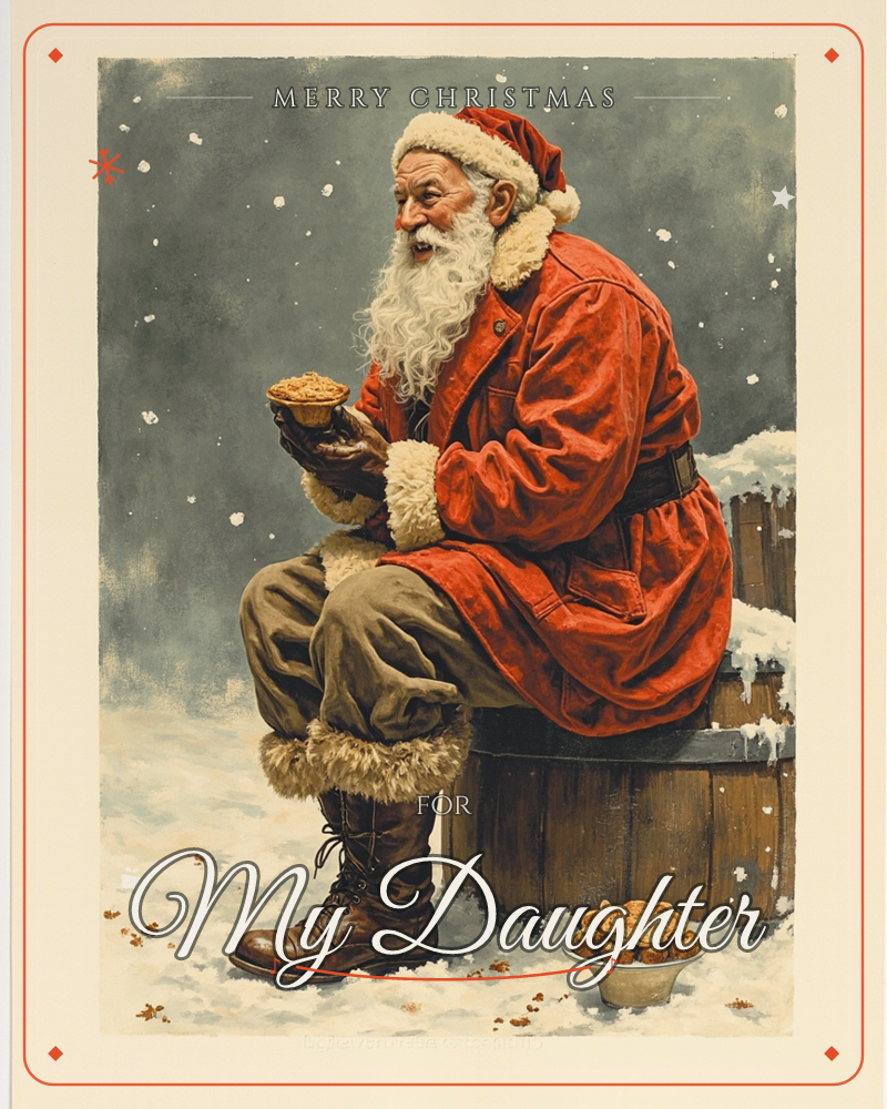 Santa sits on an upturned wooden barrel in falling snow, holding a small mince pie up to admire it while a bowlful of pies waits on the ground beside…, a christmas e-card design