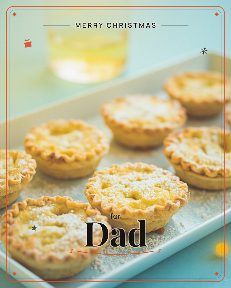 A white tray holds a row of freshly baked mince pies with crimped pastry edges, dusted lightly with icing sugar, set against a soft pale blue background, a christmas e-card design