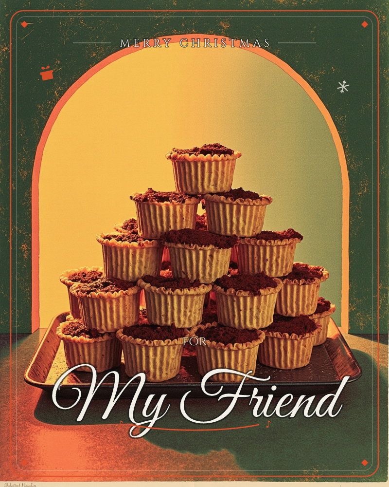 A pyramid of chocolate-topped cupcakes in fluted paper cases sits stacked on a dark tray, glowing under a warm orange-gold light against a deep green…, a christmas e-card design