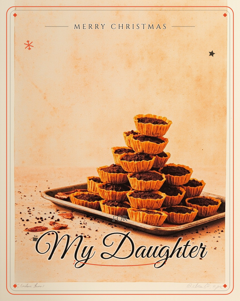 A tray piled high with small chocolate tarts is stacked into a pyramid, their golden pastry cases holding dark, crumbly filling, a christmas e-card design