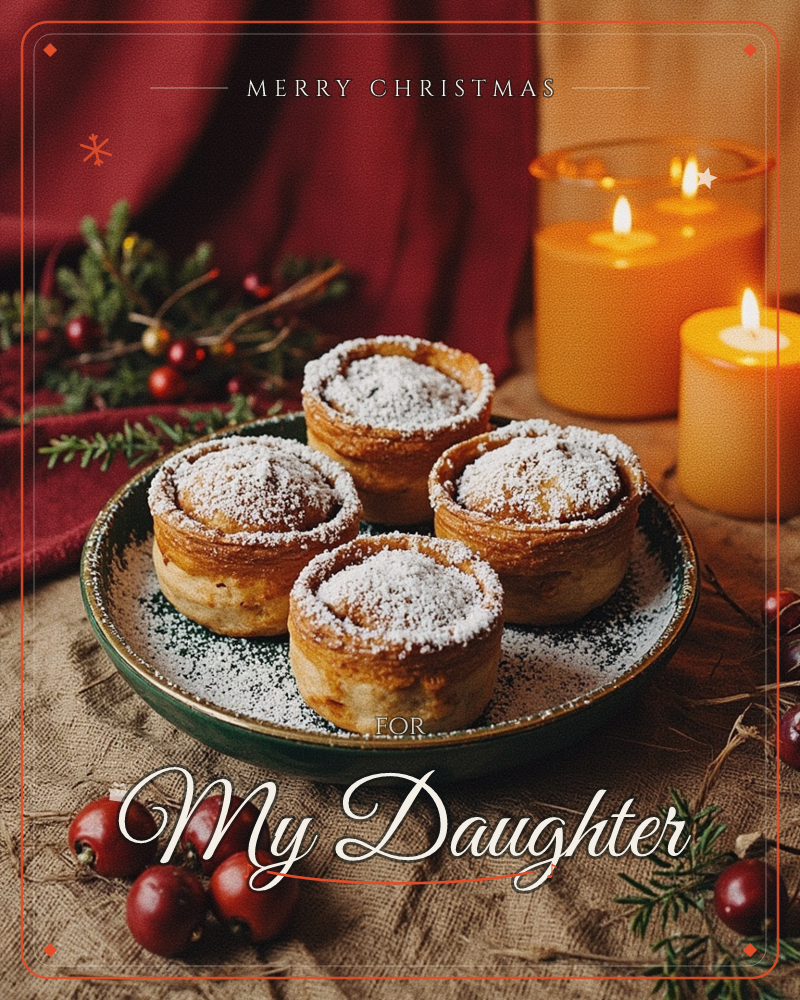 A dark green plate holds four mince pies dusted with icing sugar, set on a linen cloth beside glowing candles and a deep red drape, a christmas e-card design