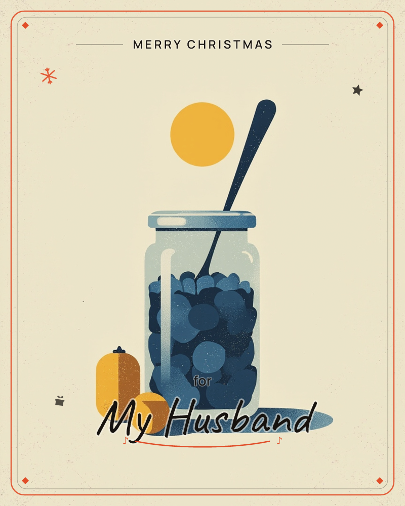A glass jar packed with round blueberries sits on a cream background, a long dark spoon propped inside it and a golden sun-like circle hovering just above, a christmas e-card design