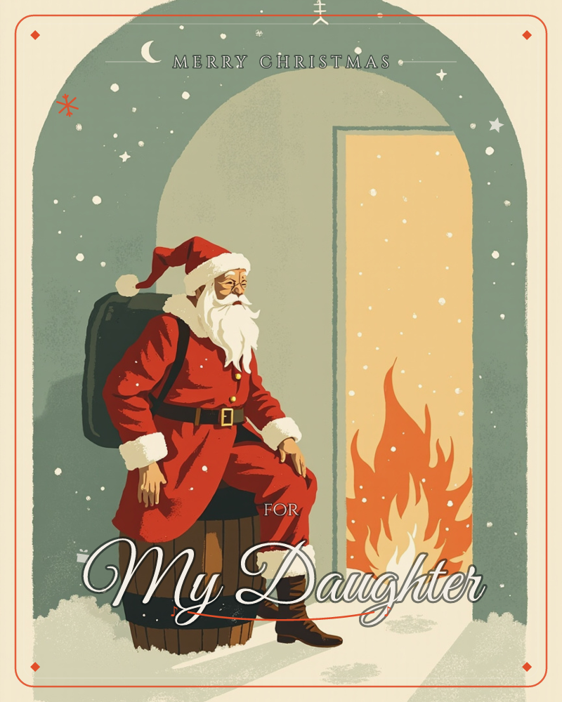 Santa sits resting on a wooden barrel beneath a snowy stone archway, his sack propped against his back as he pauses beside a doorway glowing orange…, a christmas e-card design