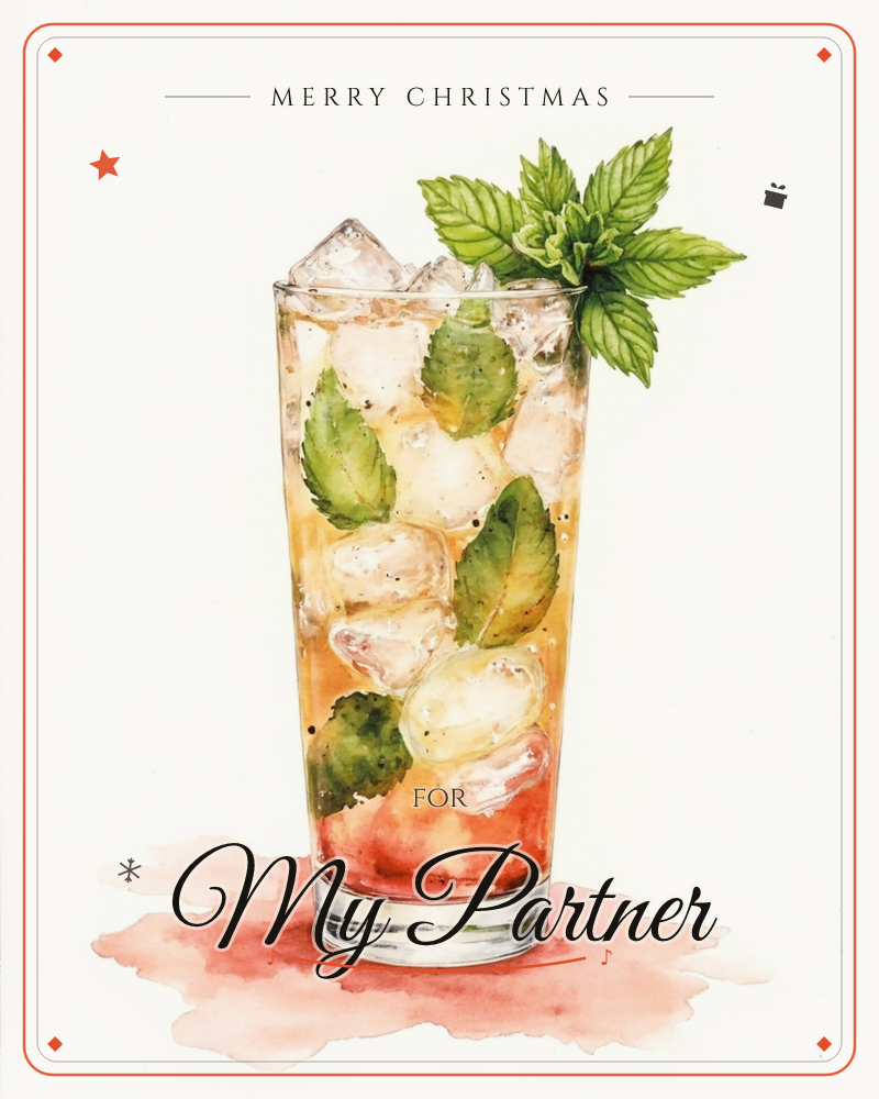 A tall glass sits filled with amber-gold liquid, clinking ice cubes, and muddled mint leaves, topped with a fresh sprig bursting over the rim, a christmas e-card design