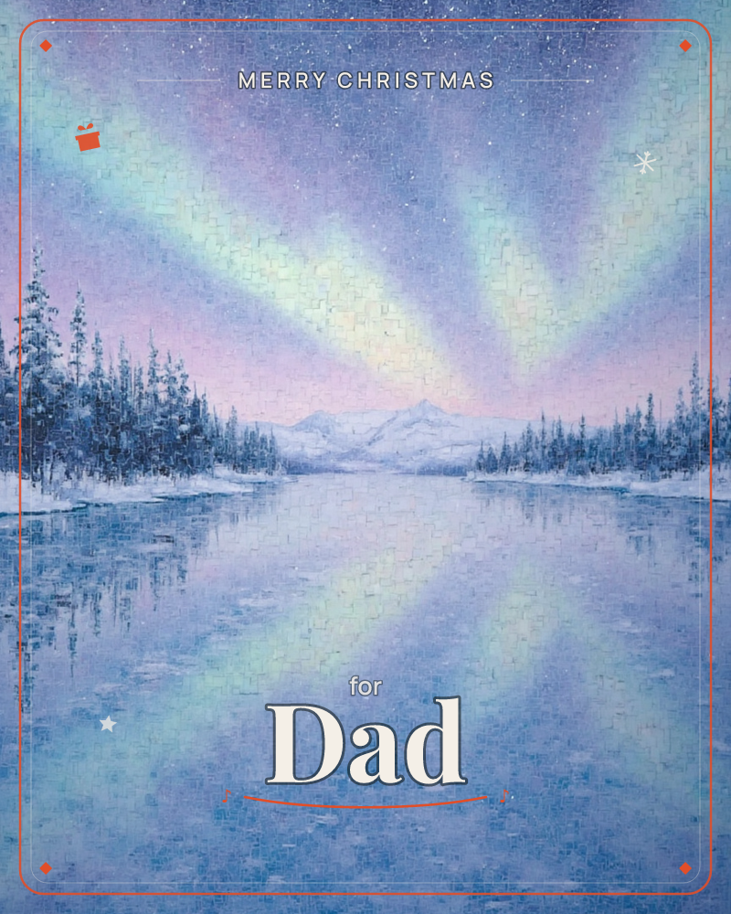A frozen lake mirrors an aurora rippling in pale green, lilac and gold above snow-laden pines and distant mountains, a christmas e-card design