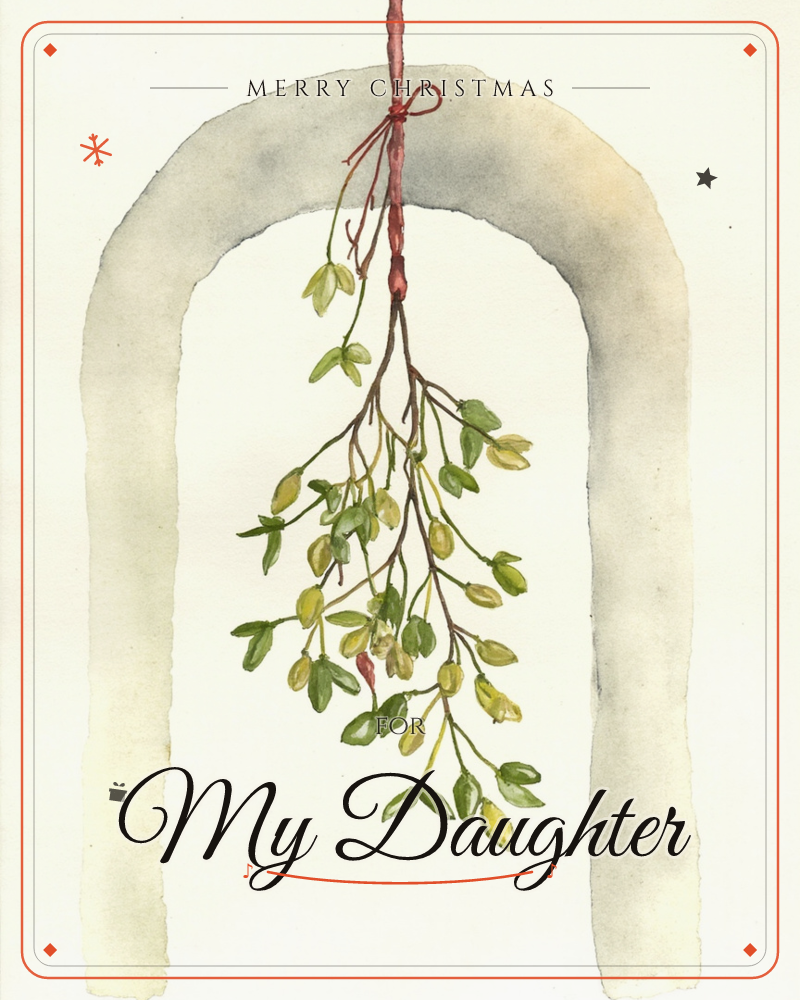 A sprig of mistletoe hangs from a red string tied in a small bow, suspended beneath a soft grey painted archway, a christmas e-card design