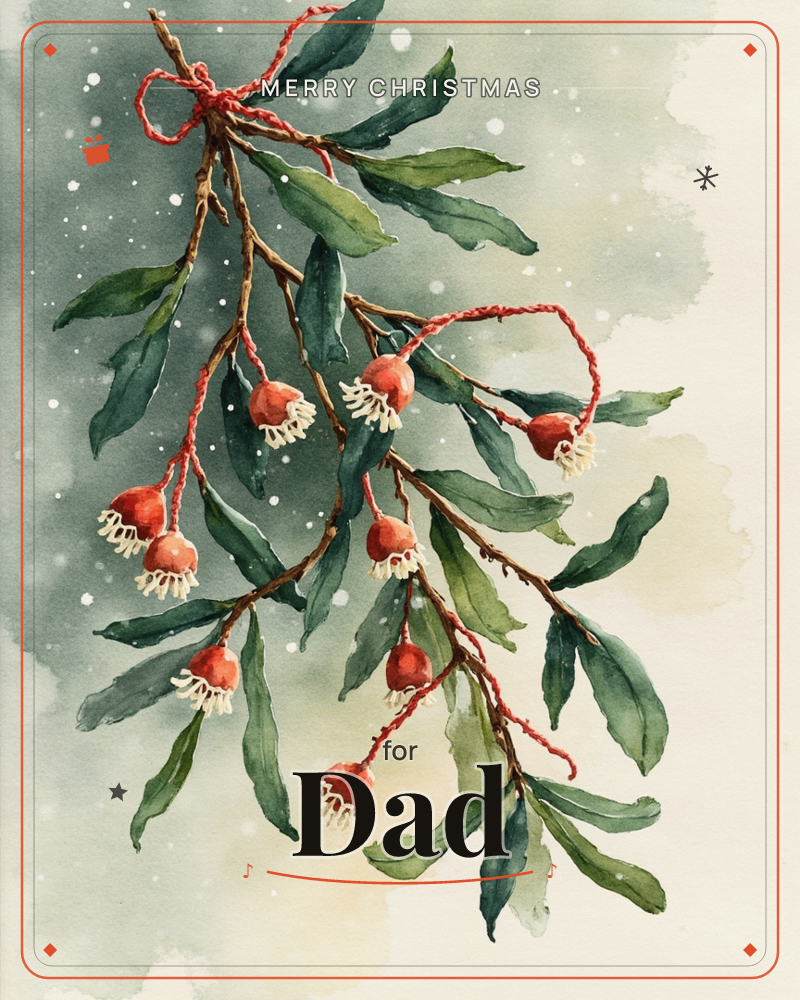 A eucalyptus branch hangs diagonally across a soft, misty green background, its narrow leaves paired with round red gum-nut buds tipped in cream fringes, a christmas e-card design