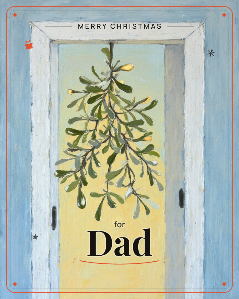 A sprig of mistletoe hangs from a pale doorframe painted in loose, textured brushstrokes, its round green leaves and golden buds set against a warm…, a christmas e-card design