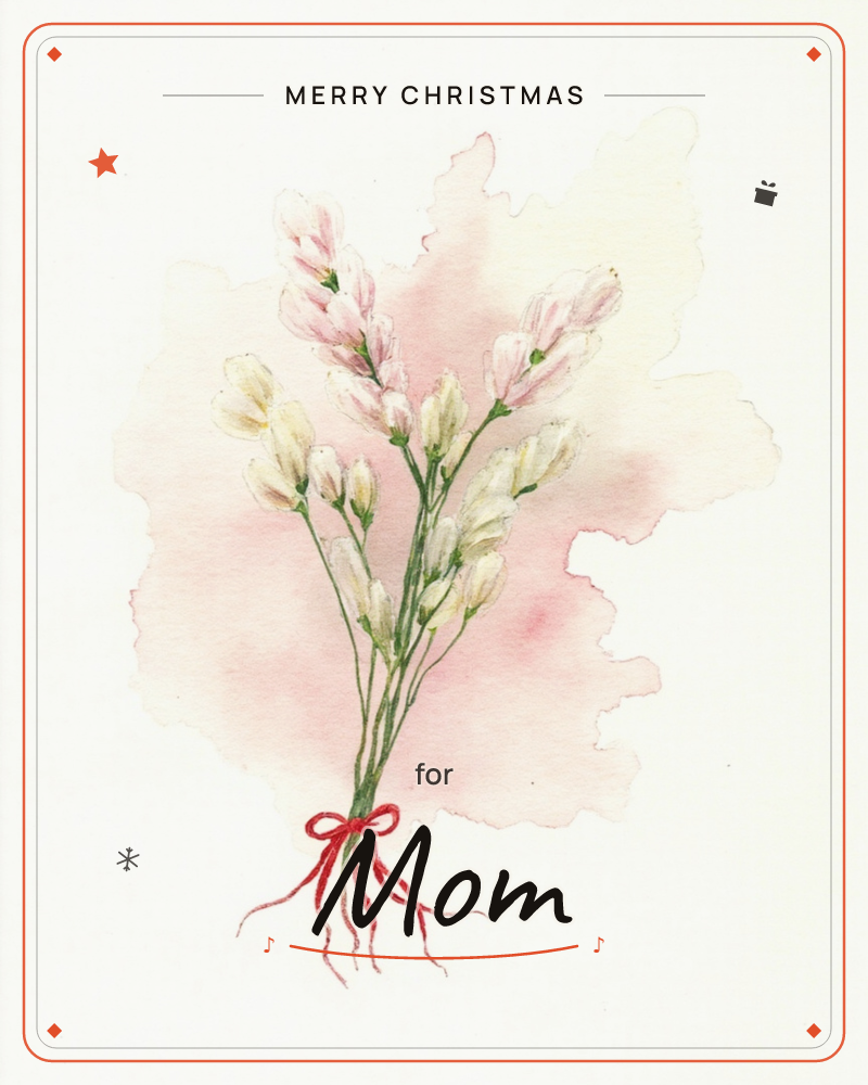 A slender bundle of budding stems, tipped with soft pink and cream blossoms, is gathered and tied with a trailing red ribbon bow, a christmas e-card design