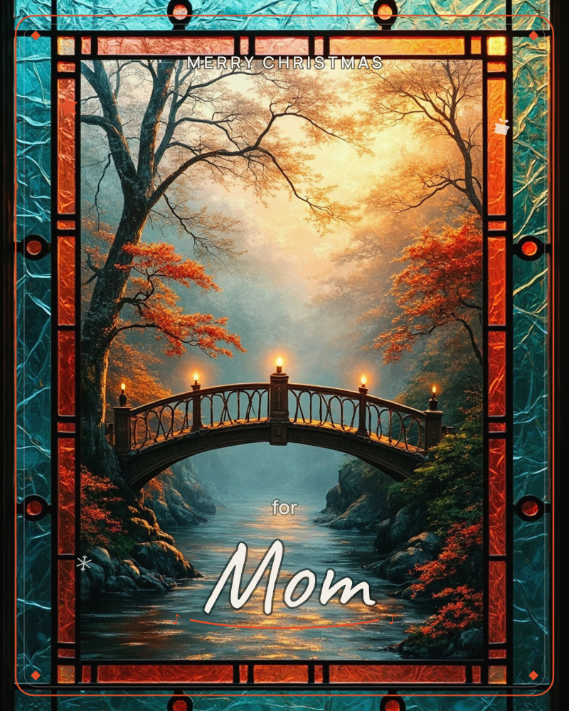 An arched footbridge with small lit lamps spans a misty river beneath autumn trees glowing orange and red, framed by a stained-glass border of teal and…, a christmas e-card design