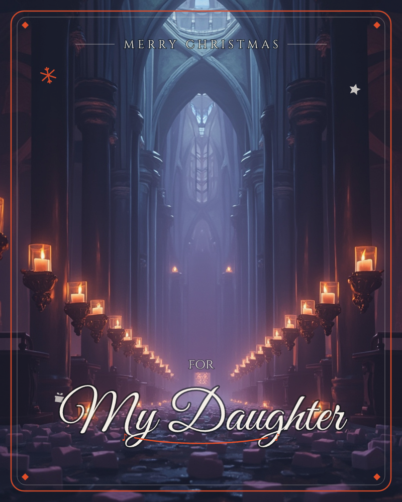 A vast gothic cathedral hall stretches into misty blue distance, its soaring arches disappearing into shadow overhead, a christmas e-card design