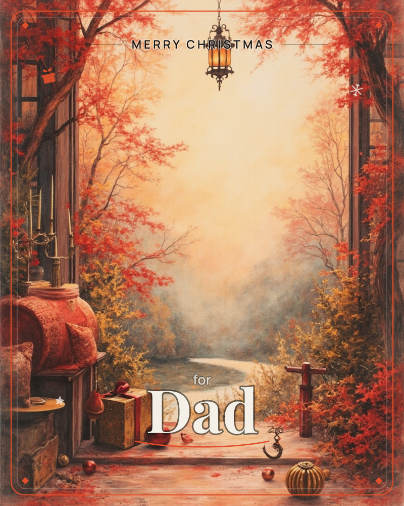 A cozy porch opens onto a misty autumn river, framed by trees ablaze in red and gold leaves, a christmas e-card design