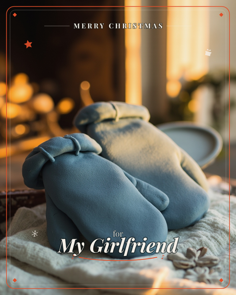 A pair of soft, felted mittens rests together on a linen cloth, propped near a warm firelit hearth glowing gold in the background, a christmas e-card design
